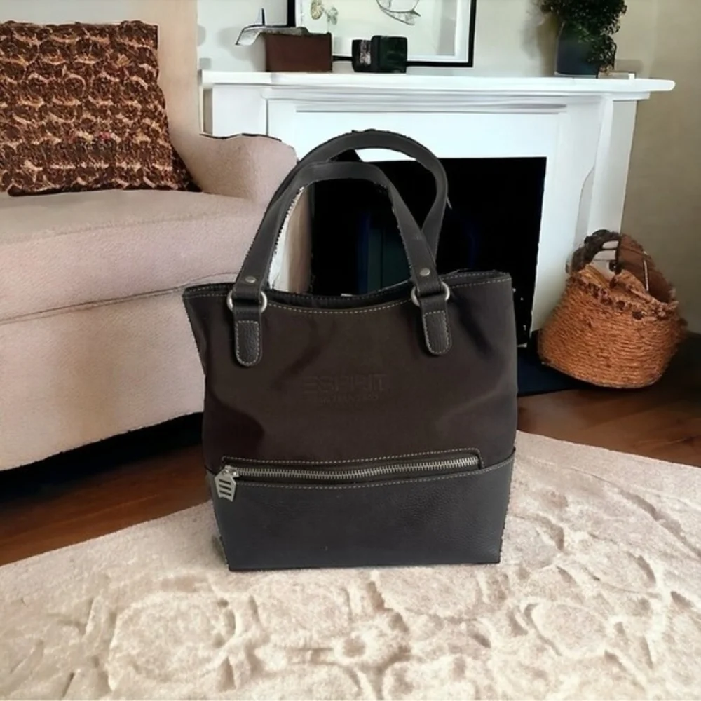 Esprit Women’s Brown Leather Nylon Tote Bag Handbag Shoulder Bag